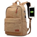 Canvas Laptop Backpack, Waterproof School Backpack With USB Charging Port For Men Women, Lightweight Anti-theft Travel Daypack College Student Rucksack Fits up to 15.6 inch Computer (Brown)