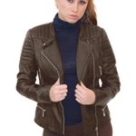 Olivia Miller Womens Faux Leather Zip up Moto Biker Jacket JK5207S Brown Large