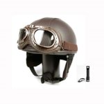 Vintage Motorcycle Motorbike Scooter Half Leather Helmet Brown wlth Free Goggles and One Ganda Karabiner LED rechargeable flashlight