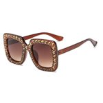 Womens Square Diamond Rhinestone Sunglasse Square Thick Frame UV400 Protection Sun Glasses Eyewear Brown Lens Brown Frame