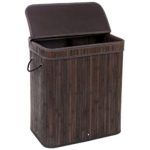 SONGMICS Divided Bamboo Laundry Basket Double Hamper with Lid Liner and Handles Two-section Clothes Storage Rectangular Dark Brown ULCB64B