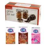 C & H Pure Cane Sugar Storage Kit – 3 Modern Air-Tight Clear Glass Jars + Dark Brown, Golden Brown, and Granulated White Sugar 1 LB Each