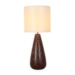 HOMPEN Modern Ceramic Table Lamp with Brown Linear Curving Base, Decorative Lamp with Beige Fabric Drum Shade
