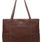 NNEE Classic Laptop Leather Tote Bag for 15 15.6 inch Notebook Computers Travel Carrying Bag with Smart Trolley Strap Design – Dark Brown