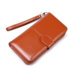 Womens Waxed Leather Long Purse Zipper Wristlet Clutch Ladies Wallets Bifold Multi Card Holder Organizer With Wrist Strap (Brown)