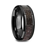 Thorsten Tine Black Ceramic Wedding Ring with Dark Brown Antler Inlay and Polished Beveled Edges Comfort Fit Lightweight Durable Wedding Band Rings – 8mm