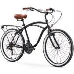 sixthreezero Around The Block Men’s 21-Speed Cruiser Bicycle, Matte Black w/Brown Seat/Grips, 26″ Wheels/19 Frame