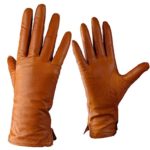 Real Leather Gloves Wrist Long Basic Genuine Lambskin Sheepskin Brown Tan Women (L)