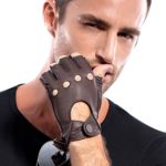 MATSU Mens Deerskin Fingerless Driving Leather Gloves Available for Rivets DIY #1076 (S, Brown)