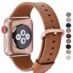 PEAK ZHANG Compatible Iwatch Band 42mm, Men Women Light Brown Genuine Leather Replacement Strap with Series 3 Gold Metal Adapter and Buckle Compatible Iwatch Series 3 Gold Aluminum