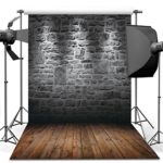 Dudaacvt Vintage Photography Backdrop White Brick Wall & Dark Brown Wooden Floor Photography Studio Prop 5X7Ft MQ0040507