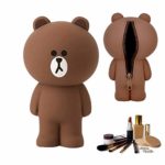 Pencil Case 3D Silicone Cartoon Storage Box Cute with back Zipper Portable Hand-held Wallet Stationery Box Cosmetic Bag,Brown