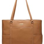 NNEE Classic Laptop Leather Tote Bag for 15 15.6 inch Notebook Computers Travel Carrying Bag with Smart Trolley Strap Design – Light Brown