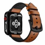 OUHENG Compatible with Apple Watch Band with Case 42mm, Sweatproof Genuine Leather and Rubber Hybrid Band with Soft TPU Case Watch Band Strap Compatible with Apple Watch Series 3 2 1, Light Brown