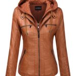 Tanming Women’s Hooded Faux Leather Jackets (Large, Brown)
