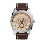 Fossil Men’s Machine Watch In Silvertone With Brown Leather Strap And Amber Tinted Dial
