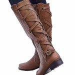 Maybest Womens Lace up Strappy Knee High Motorcycle Riding Low Heel Winter Leather Boots Light Brown 5 M US