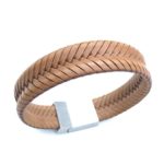 SIMECO Silver-Tone Stainless Steel Wide Light Brown Leather Mens Bracelet Weaved Design Genuine Bracelet Slip On Lock 8.2”
