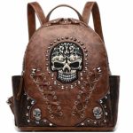 Sugar Skull Punk Art Rivet Studded Biker Purse Women Fashion Backpack Bookbag Python Daypack Shoulder Bag (Brown)