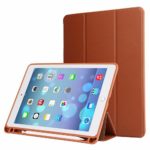 New iPad 9.7 2018/2017 Case Pencil Holder, Lightweight Smart Case Trifold Stand Shockproof Soft TPU Back Cover Auto Sleep/Wake Function iPad 9.7 inch 5th/6th Generation (Brown)
