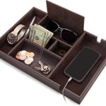 HOUNDSBAY “Victory Valet Tray for Men with Large Smartphone Charging Station (Dark Brown)