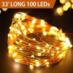 Bright Zeal 33′ Long Warm White Copper Wire LED Fairy Lights Battery Operated with Timer – Warm White LED Christmas String Lights Brown Wire Outdoor Waterproof – Christmas Tree Lights LED Warm White