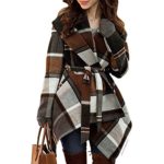 Chicwish Women’s Turn Down Shawl Collar Open Front Long Sleeve Check Asymmetric Hemline Wool Blend Coat, Brown, Medium
