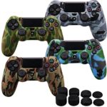 MXRC Silicone rubber cover skin case anti-slip Water Transfer Customize Camouflage for PS4/SLIM/PRO controller x 4(grey & brown & light blue & dark green) + FPS PRO extra height thumb grips x 8