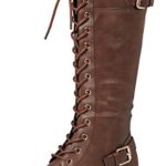 Forever Link Women’s Strappy Lace-Up Knee High Combat Stacked Heel Boot Brown 6 B(M) US