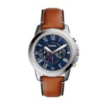Fossil Men’s 44mm Silvertone Grant Watch With Light Brown Leather Strap