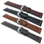 18mm to 30mm, Genuine Leather Watch Band Strap, Mat Finish, White Stitching, Comes in Black, Brown, Tan and Light Brown
