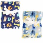 2-Pack Super Soft Plush Lightweight Furry Fleece Brown Monkey Yellow Giraffe Green Elephant Zoo Animal Print Baby Navy Light Blue Boy Blanket Twins Gift Set