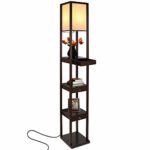 Brightech Maxwell Drawer Edition – Shelf & LED Floor Lamp Combination – Modern Living Room Standing Light with Asian Display Shelves – Havana Brown