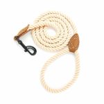 Mile High Life Braided Cotton Rope Leash with Leather Tailor Handle and Heavy Duty Metal Sturdy Clasp (Light Brown, 5 FT)
