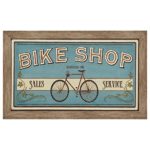 Vintage Blue and Brown Bike Shop Print, Warm Grey Barnwood Frame, 19″ x 31″