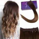 LaaVoo 16″ Adjustable Invisible Wire Halo Hair Extensions Balayage Color Medium Brown Mixed Light Brown with Dark Golden Blonde Halo Remy Human Hair Extensions 80 Grams Fashion Hair Color 11″ Width