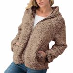 Kimloog Women’s Casual Hooded Fleece Coat Fuzzy Faux Shearling Zipper Jacket Outwear (Coffee,L)