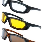 3 Pairs Motorcycle Riding Glasses Padded Frame Lense Block 100% UVB for Outdoor Activity Sport (6-Matte Black/Tortoise, Clear, Yellow, Brown)