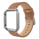 Simpeak Compatible for Fitbit Blaze Bands with Frame, Small, Multi Color, Genuine Leather Band for Fit bit Blaze Smartwatch Women Men, Light Brown Band + Silver Metal Frame