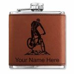 Faux Leather Flask, Mountain Bike, Personalized Engraving Included (Dark Brown)