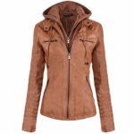 Newbestyle Women’s Faux Leather Moto Biker Jacket Removable Hoodie Zipper Coat Brown