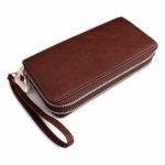 Classic Zip Around Wallet – PU Leather Double Zipper Clutch Purse with Card & Phone Slots, Removable Wristlet Strap (Brown)