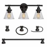 Globe Electric Parker 5-Piece All-in-One Bath Set, Oil Rubbed Bronze Finish, 3-Light Vanity, Towel Bar, Towel Ring, Robe Hook, Toilet Paper Holder 50192
