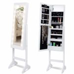 Giantex Jewelry Cabinet Box Armoire Organizer with 18 LED, Standing for Home Bedroom 16 Lipstick Holder 1 Inside Makeup Mirror Full Lights, Large Storage Mirrored Cabinets Jewelry Armoires