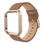 Simpeak Compatible for Fitbit Blaze Bands with Frame, Large, Multi Color, Genuine Leather Band for Fit bit Blaze Smartwatch Women Men, Dark Brown Band + Rose Gold Metal Frame