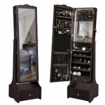 SONGMICS LED Jewelry Cabinet Lockable Jewelry Armoire with Full Length Mirror, Makeup Tray and Large Drawer Base Brown Patented UJJC87BR