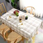 Tablecloth, TEWENE Rectangle Table Cloth Cotton Linen Wrinkle Free Anti-Fading Checkered Tablecloths Dust-Proof for Dining Tabletop Decoration(Rectangle/Oblong, 55”x86”,6-8 seats, White&Light Brown)