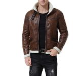 AOWOFS Men’s Faux Leather Jacket Brown Motorcycle Bomber Shearling Suede Stand Collar (Large)
