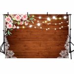 MEHOFOTO Rustic White Lace Pink Flowers Dark Brown Wood Shiny Lights Backdrop Wedding Floral Photography Background Wooden Board Floor Bridal Shower Baby Birthday Party Banner Photo Studio Props 7x5ft