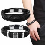 Besteel 2 Pcs Leather Multi-Layer Cuff Bracelets for Men Stainless Steel Magnetic-Clasp Cool Braided Wrist Bracelet